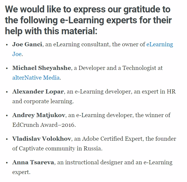 Screenshot from iSpring article that expresses iSpring's gratitude to eLearning experts.