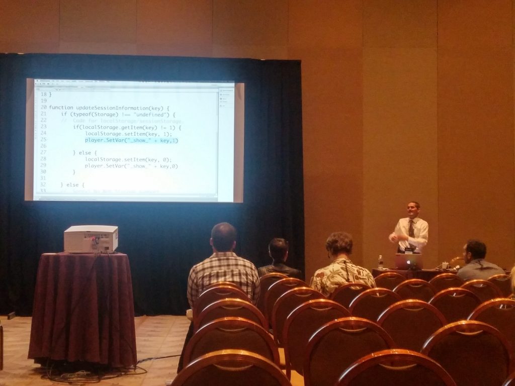 Mike Raines explaining code during his presentation at DevLearn 2016