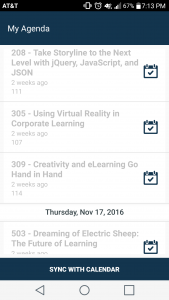 Screenshot of My Agenda from DevLearn 2016 app