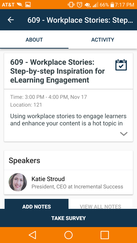 Screenshot of of Katie Stroud's session on the DevLearn 2016 app