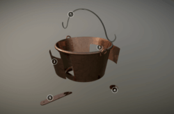 aNm created an interactive 3D experience for the Smithsonian's National Museum of the American Indian's "Native Knowledge 360" (KN360) online exhibit. This is a screenshot from the 3D interaction created by Michael Sheyahshe. The screenshot is an animated copper colored dutch oven style kettle with a metal handle. The screenshot shows the interaction in mid-action, with numbered clickable hotspots hovering over or near one of the elements in an "exploded view" of how the kettle was used as source material for other tools and items.
