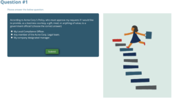 aNm has expertise in several JavaScript frameworks, like EmberJS and ReactJS to create enriched interactions and applications. Screenshot of a generic eLearning course on internal policy, created with EmberJS a JavaScriptframework. More specifically, the screenshot is of a quiz with Question #1 as title, an example single choice question in a dark box with a green submit button, and an abstract representation of a human female traversing upwards a rudimentary staircase of rectangle shapes, while holding a square shaped object in her hand, perhaps a bag or parcel.