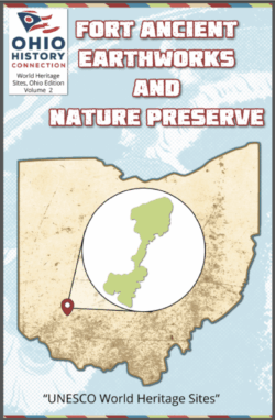 aNm creates digital comic books within an easy to use HTML reader interface. Everything from scripts to art to packaging the final deliverable instructional comic. Cover of a digital comic book with title, Fort Ancient Earthworks and Nature Preserve, and subtitle, "UNESCO World Heritage Sites". The imagery includes the Ohio History Center logo at top-left corner with an outline of Ohio state borders. A abstract map-marker pin icon is magnified to show the Fort Ancient outline in the magnification.